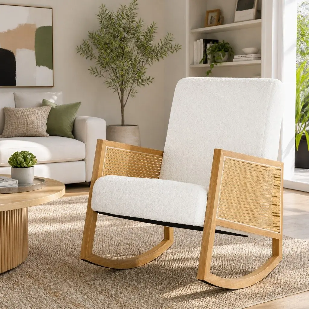 Rocking Chair Boucle Rattan White 58cm W x 72.5cm D x 98cm H Relaxing Nursing Furniture