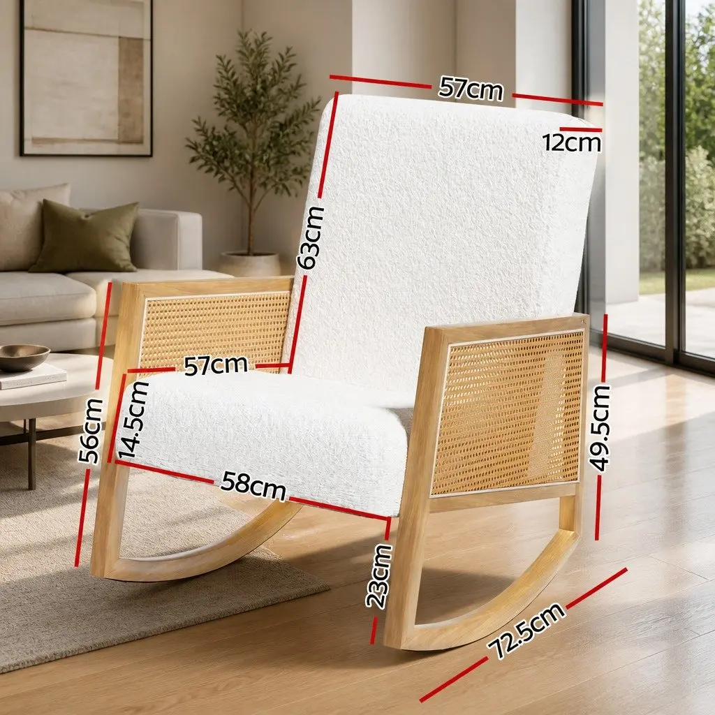 Rocking Chair Boucle Rattan White 58cm W x 72.5cm D x 98cm H Relaxing Nursing Furniture