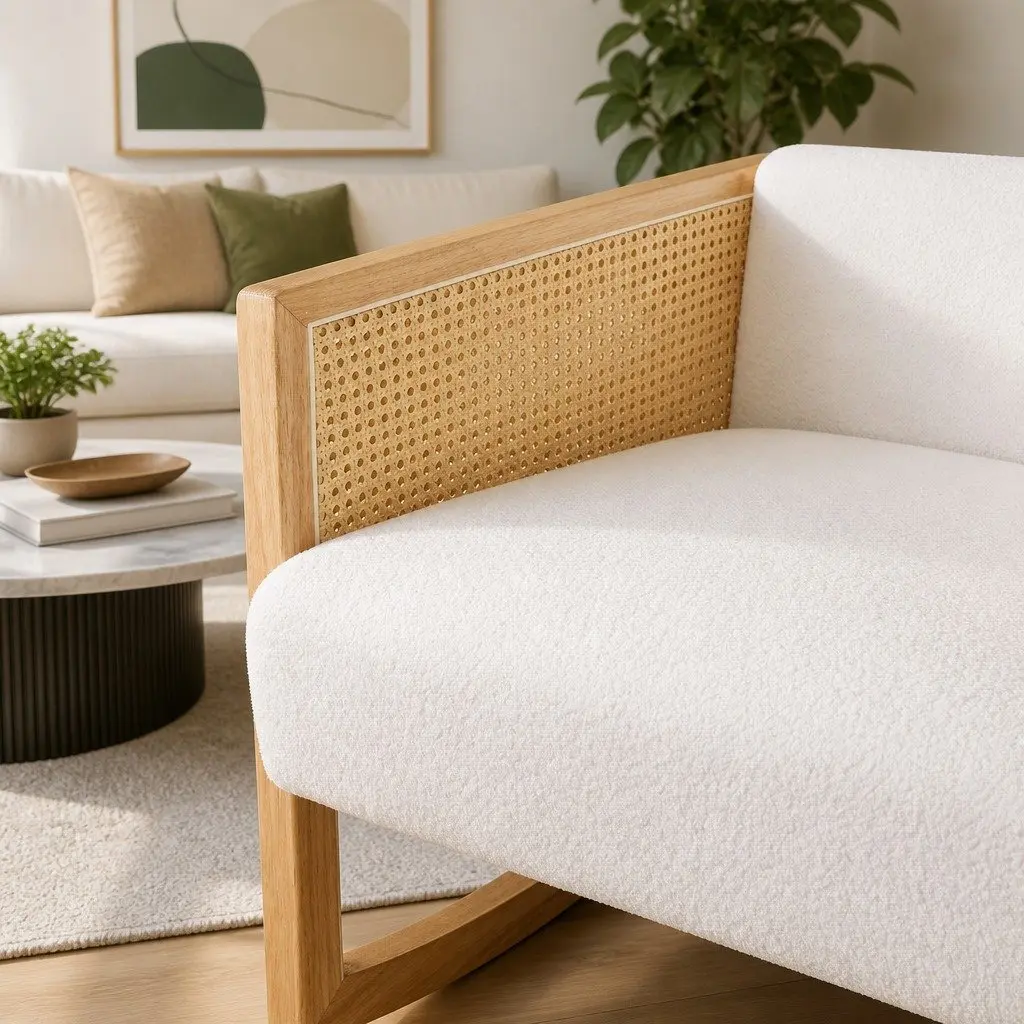 Rocking Chair Boucle Rattan White 58cm W x 72.5cm D x 98cm H Relaxing Nursing Furniture