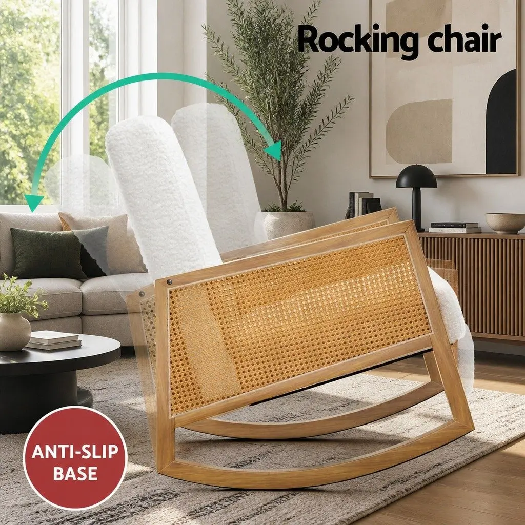 Rocking Chair Boucle Rattan White 58cm W x 72.5cm D x 98cm H Relaxing Nursing Furniture