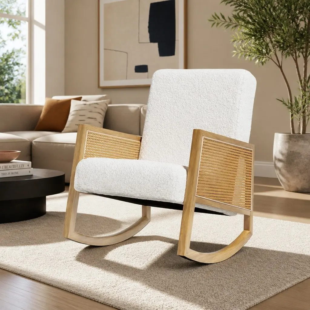 Rocking Chair Boucle Rattan White 58cm W x 72.5cm D x 98cm H Relaxing Nursing Furniture