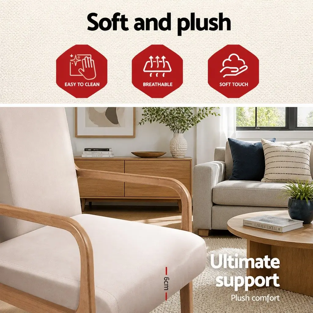 Armchair Faux Fabric Beige Lounge Chair Rubber Wood Legs 65cm W x 76.5cm D x 72.5cm H