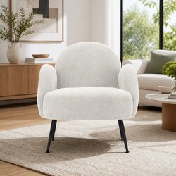 White Boucle Armchair with Sherpa Fabric High-Resilience Foam Steel Legs