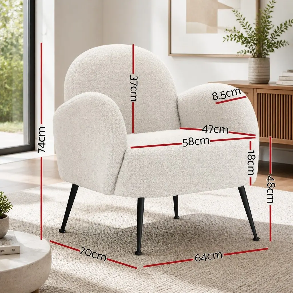 White Armchair Sherpa Fabric High-Resilience Foam Steel Legs 64cm W x 70cm D x 74cm H