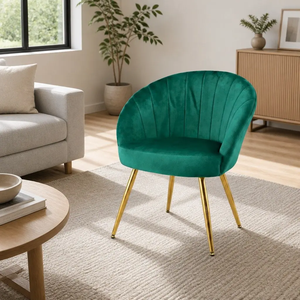 Green Velvet Armchair High Resilience Foam Padded Wood Construction Golden Legs 68cm W x 67cm D x 80cm H