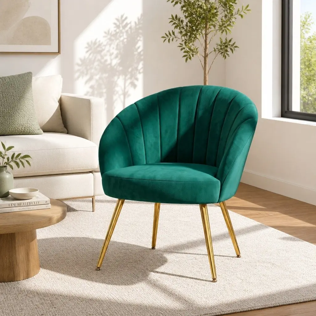 Green Velvet Armchair High Resilience Foam Padded Wood Construction Golden Legs 68cm W x 67cm D x 80cm H