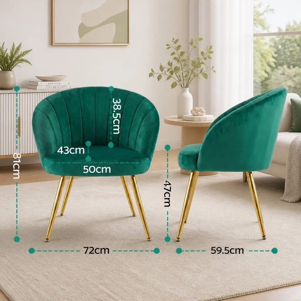 Green Velvet Armchair High Resilience Foam Padded Wood Construction Golden Legs 68cm W x 67cm D x 80cm H