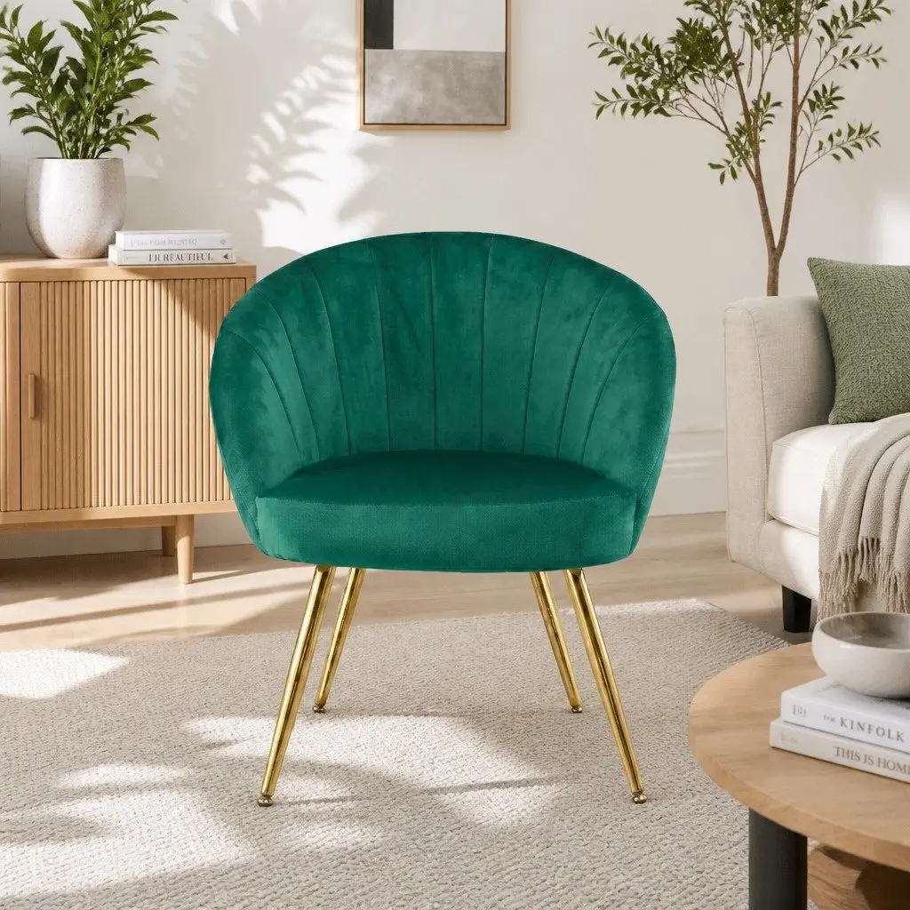 Green Velvet Armchair High Resilience Foam Padded Wood Construction Golden Legs 68cm W x 67cm D x 80cm H