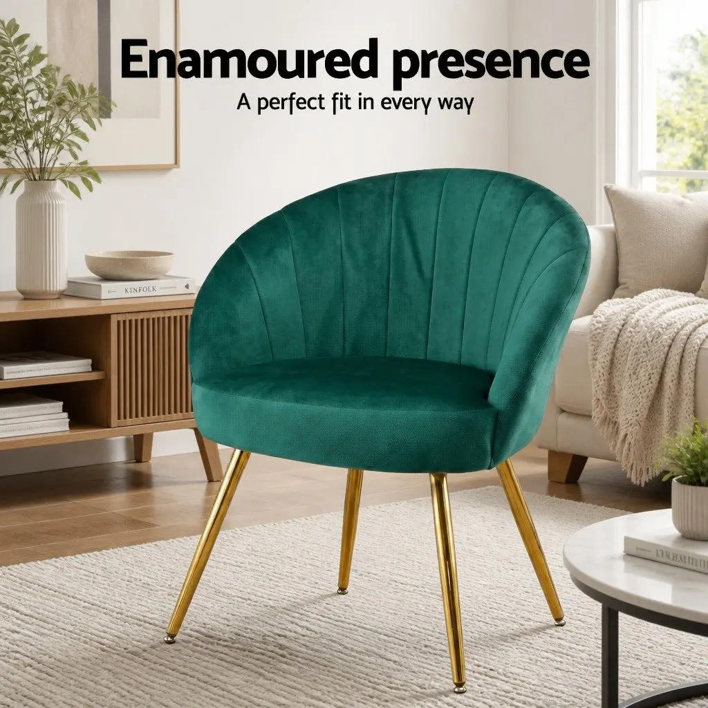 Green Velvet Armchair High Resilience Foam Padded Wood Construction Golden Legs 68cm W x 67cm D x 80cm H
