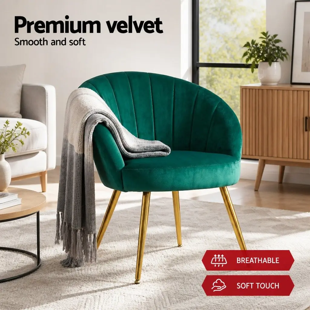 Green Velvet Armchair High Resilience Foam Padded Wood Construction Golden Legs 68cm W x 67cm D x 80cm H