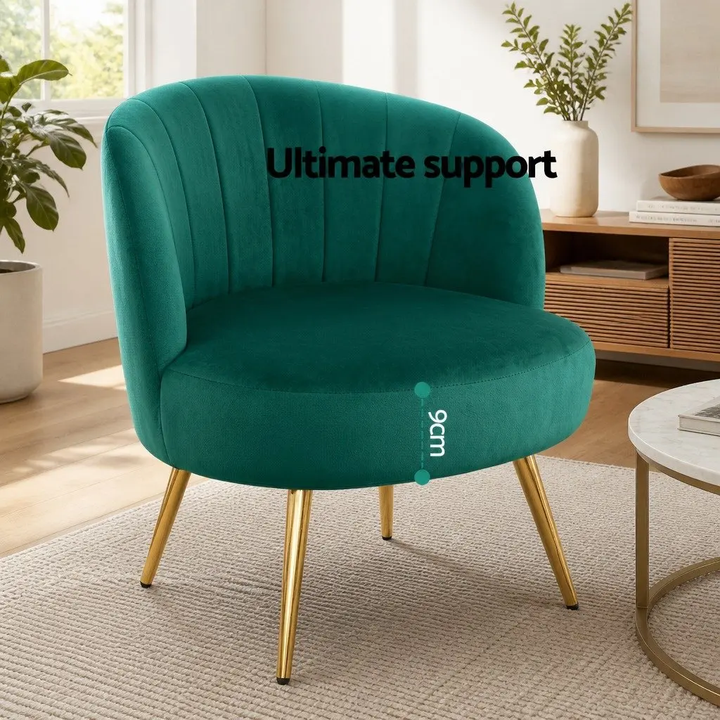 Green Velvet Armchair High Resilience Foam Padded Wood Construction Golden Legs 68cm W x 67cm D x 80cm H