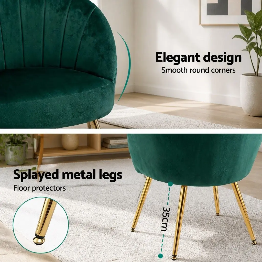 Green Velvet Armchair High Resilience Foam Padded Wood Construction Golden Legs 68cm W x 67cm D x 80cm H