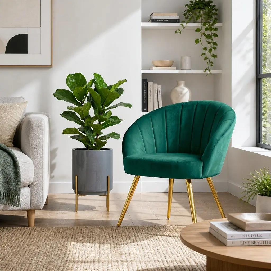 Green Velvet Armchair High Resilience Foam Padded Wood Construction Golden Legs 68cm W x 67cm D x 80cm H