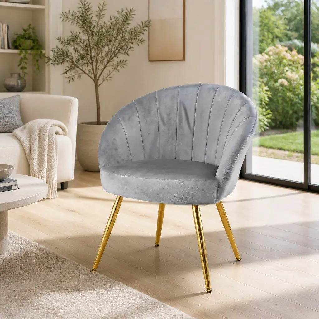 Armchair Velvet Upholstered Grey Accent Chair with Golden Legs