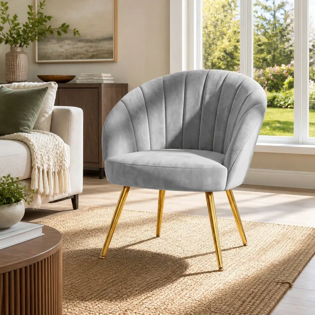 Armchair Velvet Upholstered Grey Accent Chair with Golden Legs