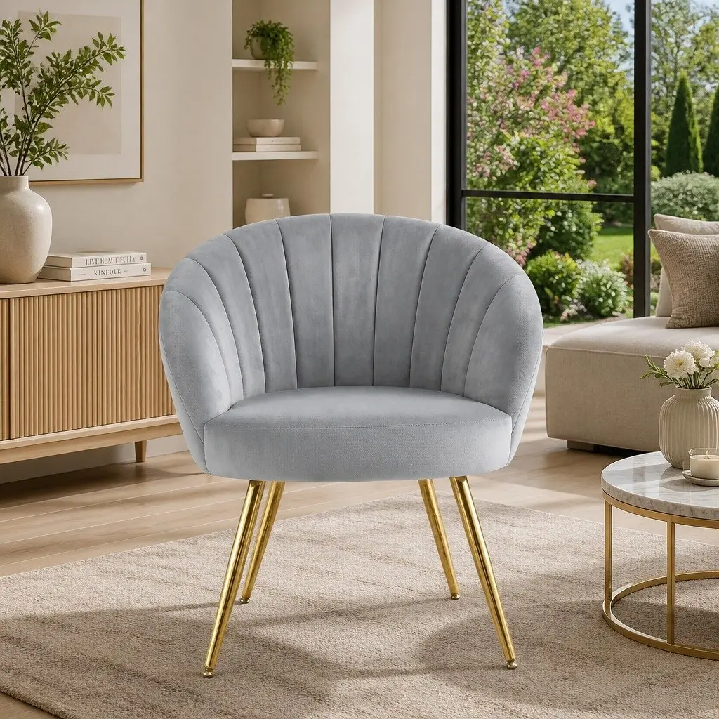 Armchair Velvet Upholstered Grey Accent Chair with Golden Legs