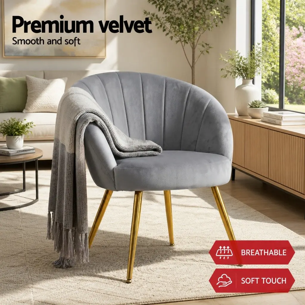 Armchair Velvet Upholstered Grey Accent Chair with Golden Legs