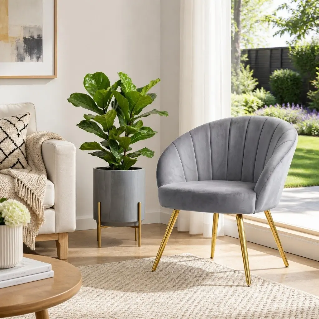 Armchair Velvet Upholstered Grey Accent Chair with Golden Legs