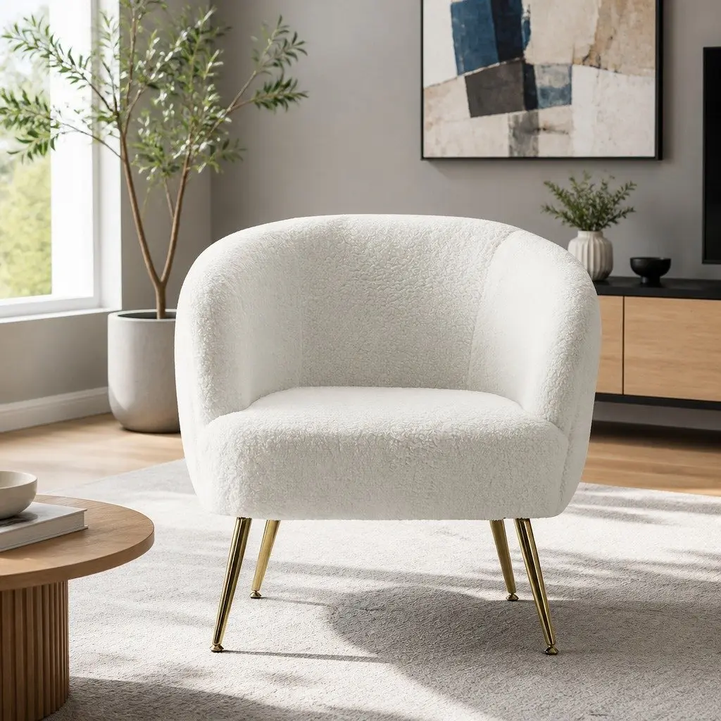 Armchair Sherpa Fabric White Curvy Winged Backrest Relaxation Seat