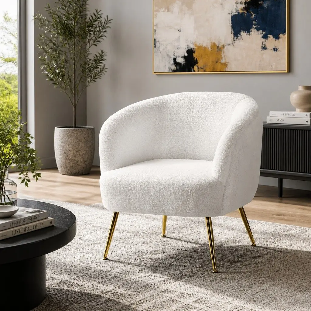 Armchair Sherpa Fabric White Curvy Winged Backrest Relaxation Seat