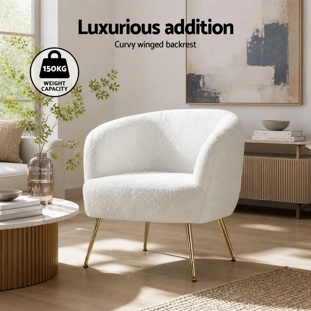 Armchair Sherpa Fabric White Curvy Winged Backrest Relaxation Seat