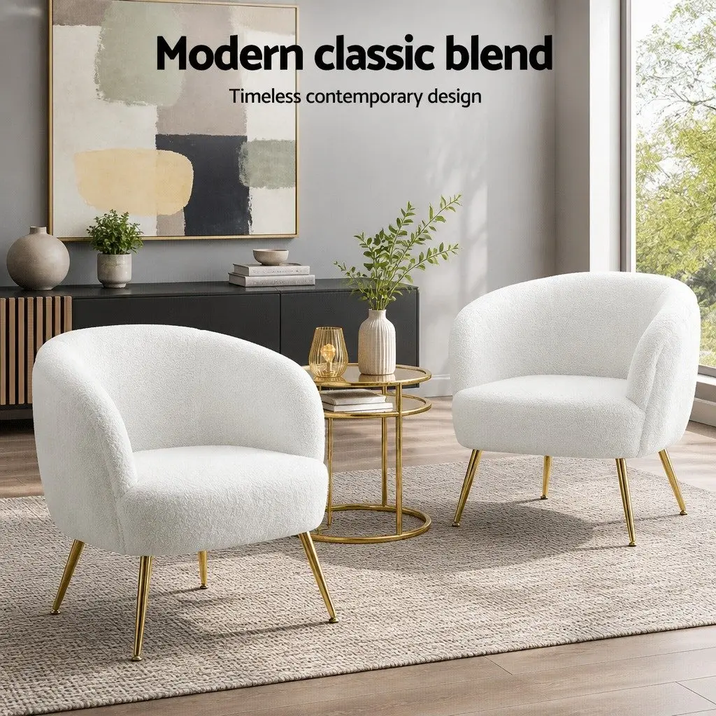 Armchair Sherpa Fabric White Curvy Winged Backrest Relaxation Seat