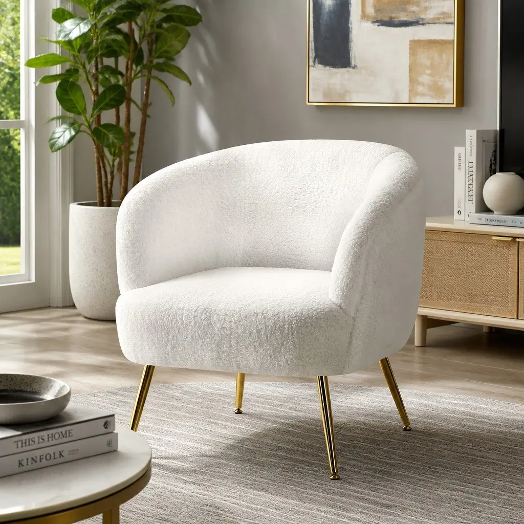 Armchair Sherpa Fabric White Curvy Winged Backrest Relaxation Seat