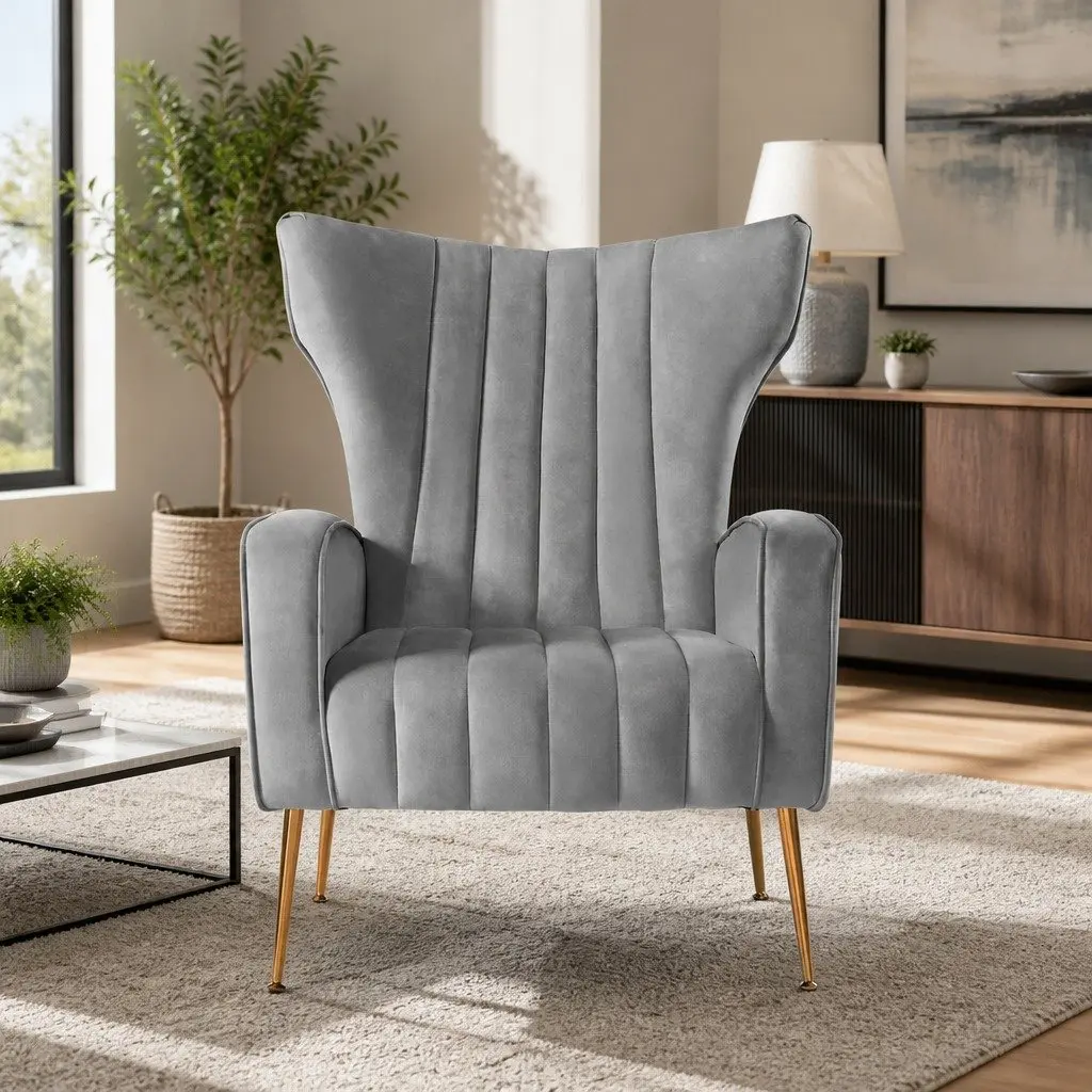 Armchair Velvet High Back Extra Wide Seat Grey Splayed Metal Legs
