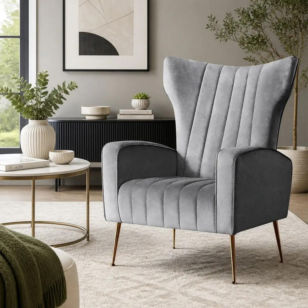 Armchair Velvet High Back Extra Wide Seat Grey Splayed Metal Legs