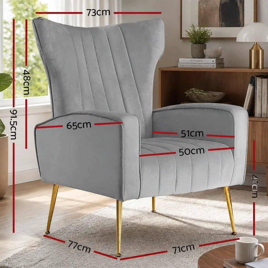 Armchair Velvet High Back Extra Wide Seat Grey Splayed Metal Legs