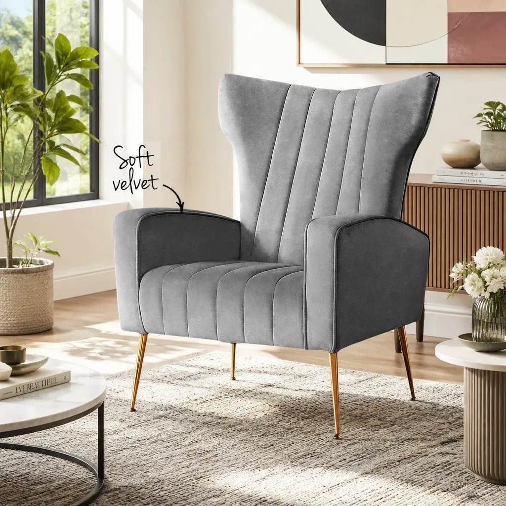 Armchair Velvet High Back Extra Wide Seat Grey Splayed Metal Legs