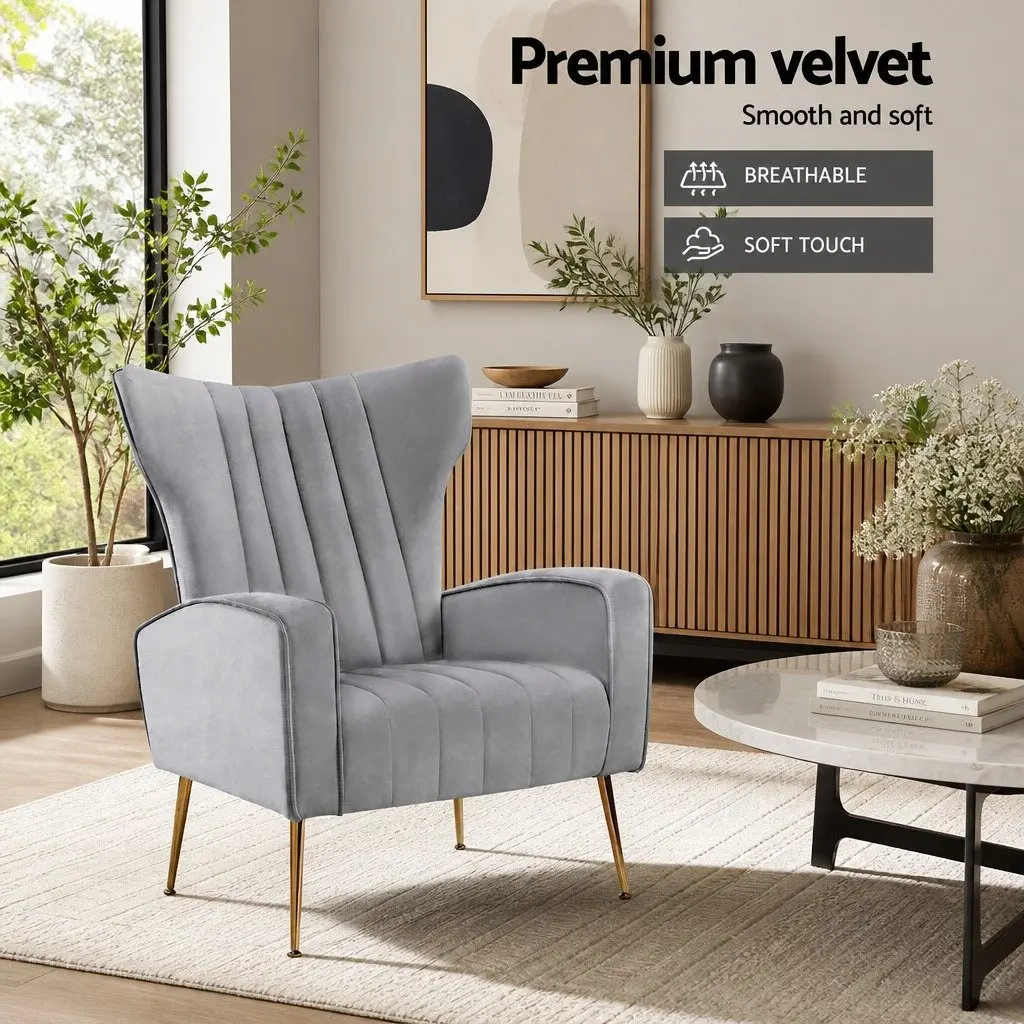 Armchair Velvet High Back Extra Wide Seat Grey Splayed Metal Legs