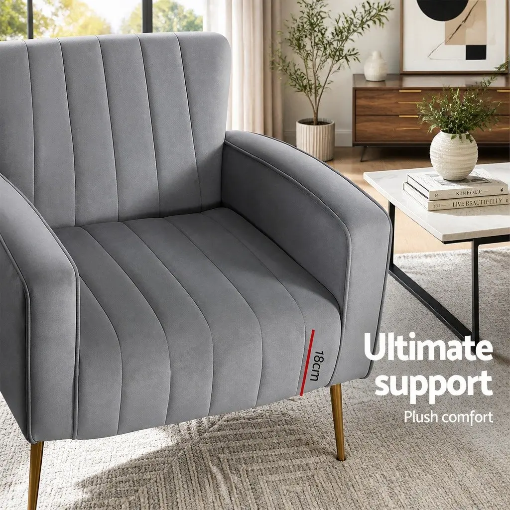 Armchair Velvet High Back Extra Wide Seat Grey Splayed Metal Legs