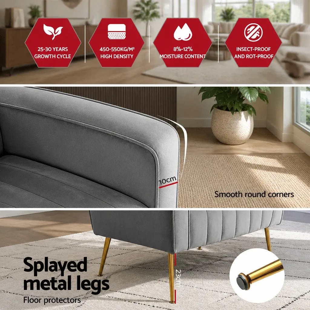 Armchair Velvet High Back Extra Wide Seat Grey Splayed Metal Legs