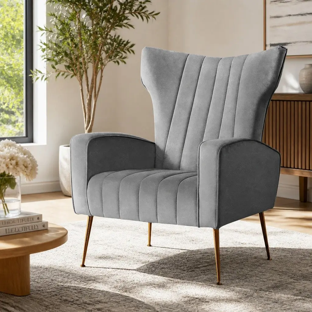 Armchair Velvet High Back Extra Wide Seat Grey Splayed Metal Legs