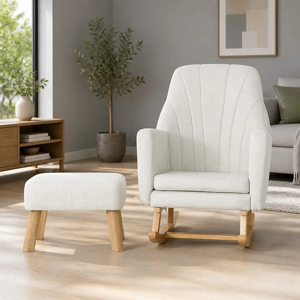 Rocking Chair Linen Fabric Beige with Footrest Rubberwood Legs