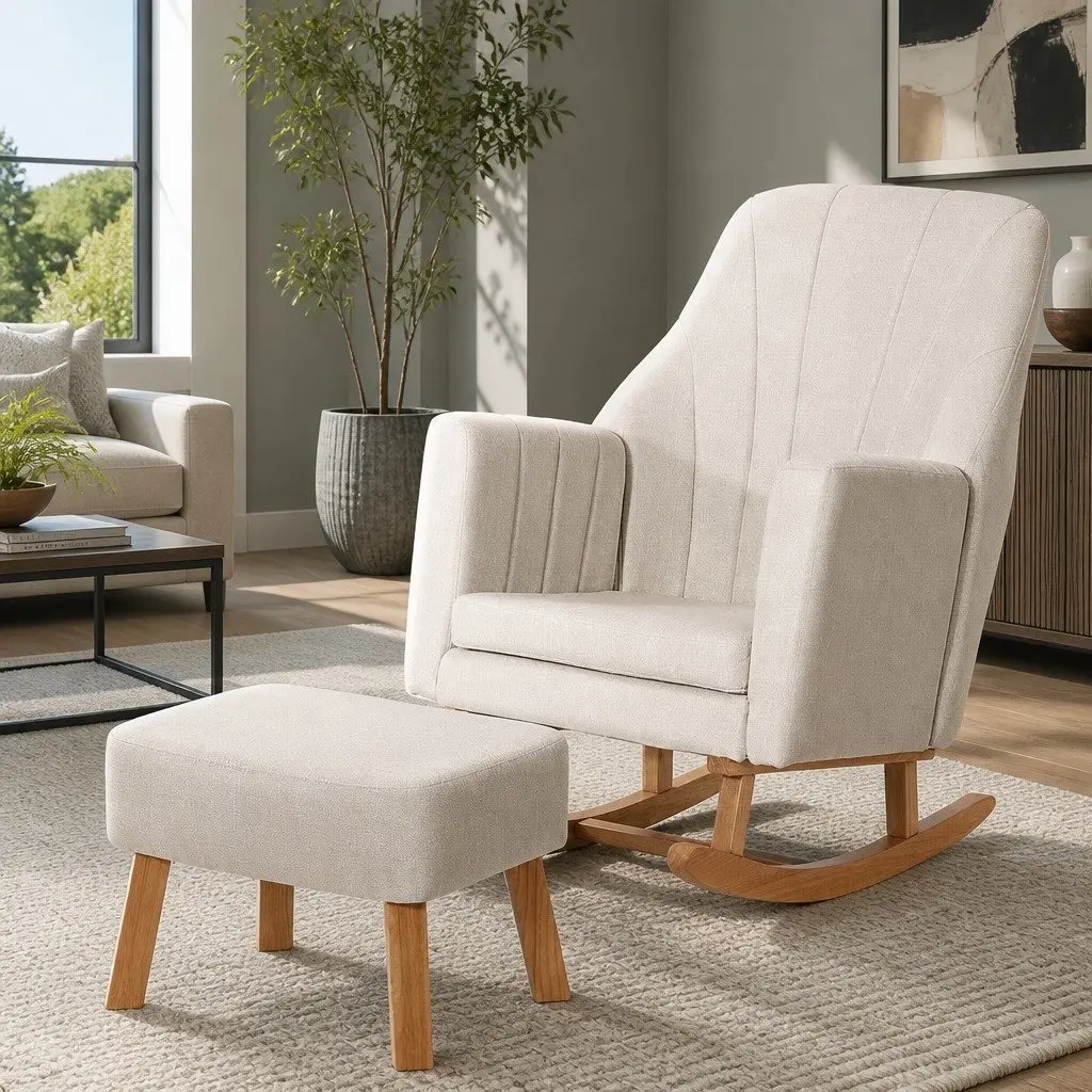 Rocking Chair Linen Fabric Beige with Footrest Rubberwood Legs