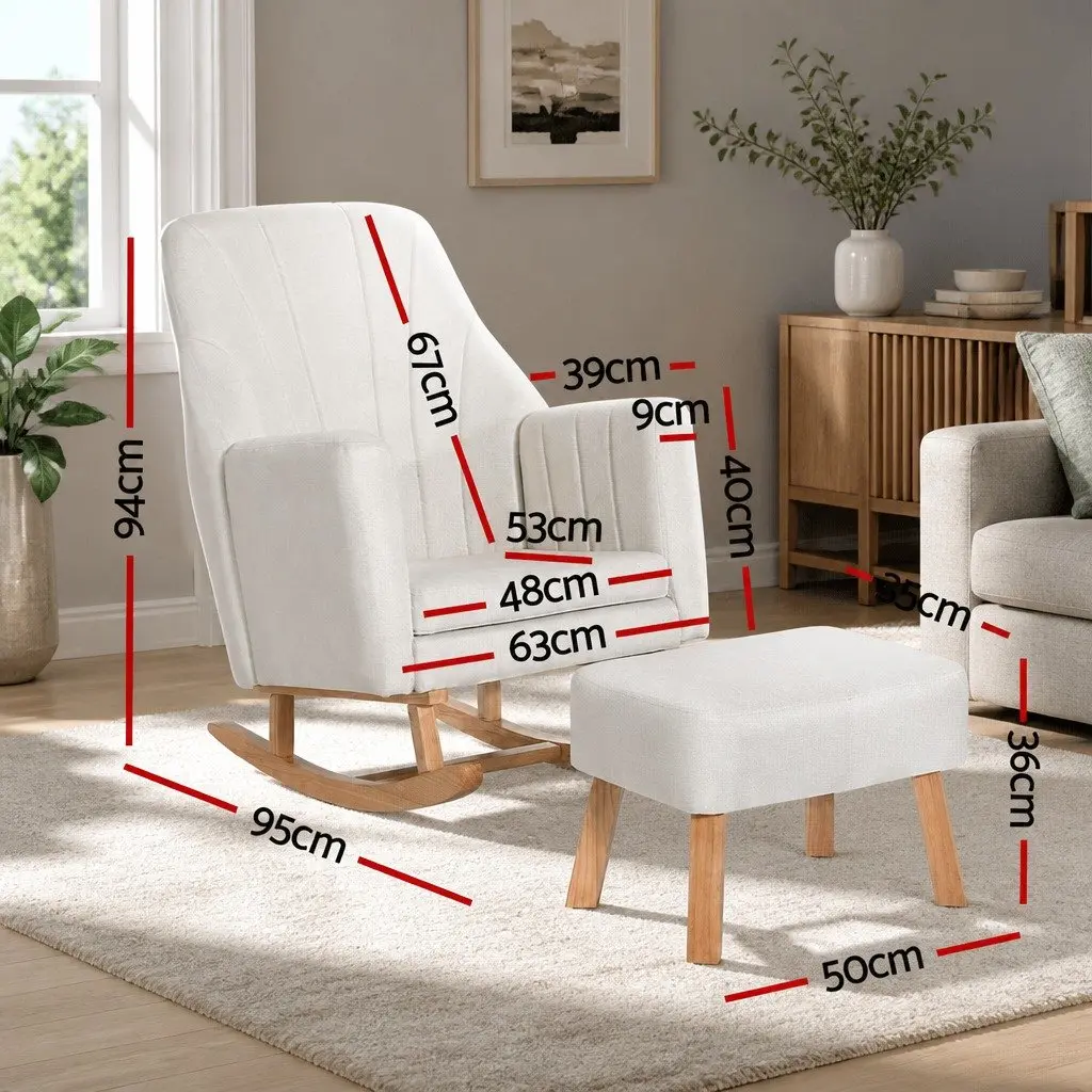 Rocking Chair Linen Fabric Beige with Footrest Rubberwood Legs