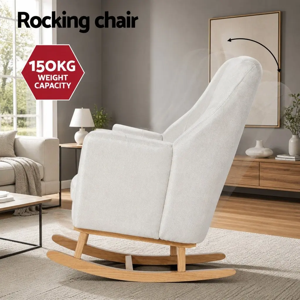 Rocking Chair Linen Fabric Beige with Footrest Rubberwood Legs