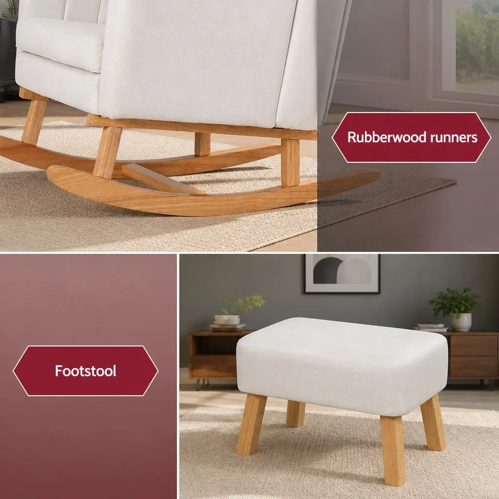 Rocking Chair Linen Fabric Beige with Footrest Rubberwood Legs
