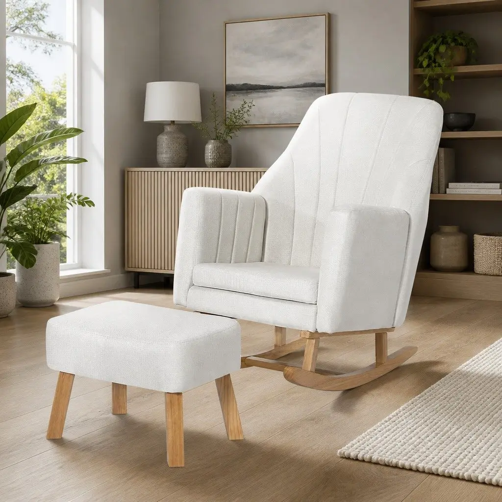 Rocking Chair Linen Fabric Beige with Footrest Rubberwood Legs