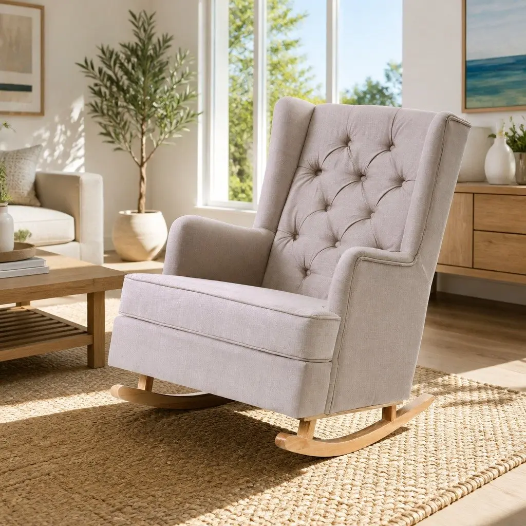 Rocking Chair Armchair Beige Linen Fabric Convertible Stationary Wingback Design