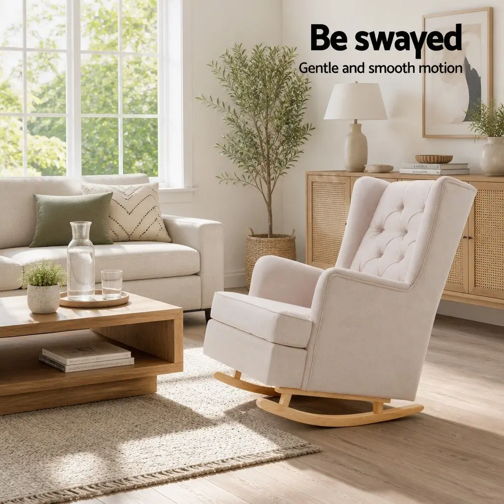 Rocking Chair Armchair Beige Linen Fabric Convertible Stationary Wingback Design