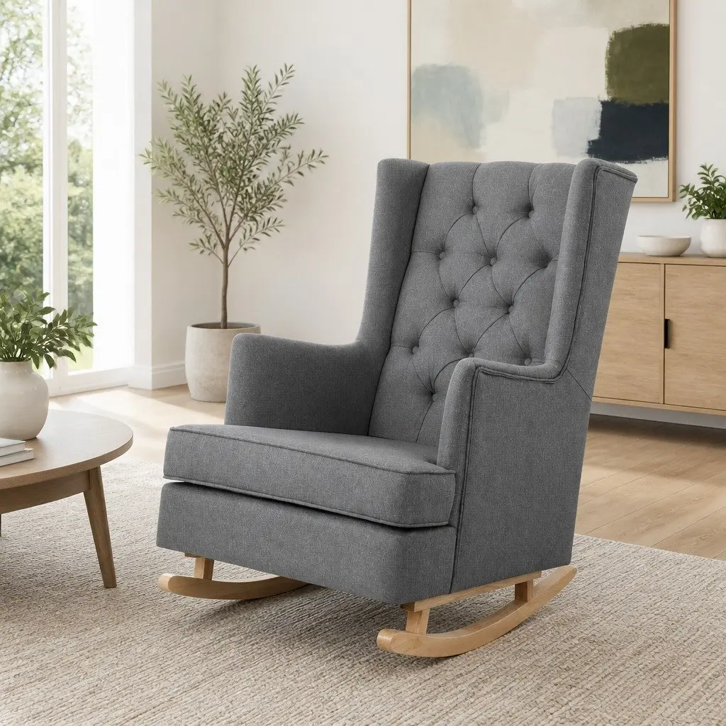 Armchair Convertible Rocking Chair Faux Linen Fabric Grey Wingback