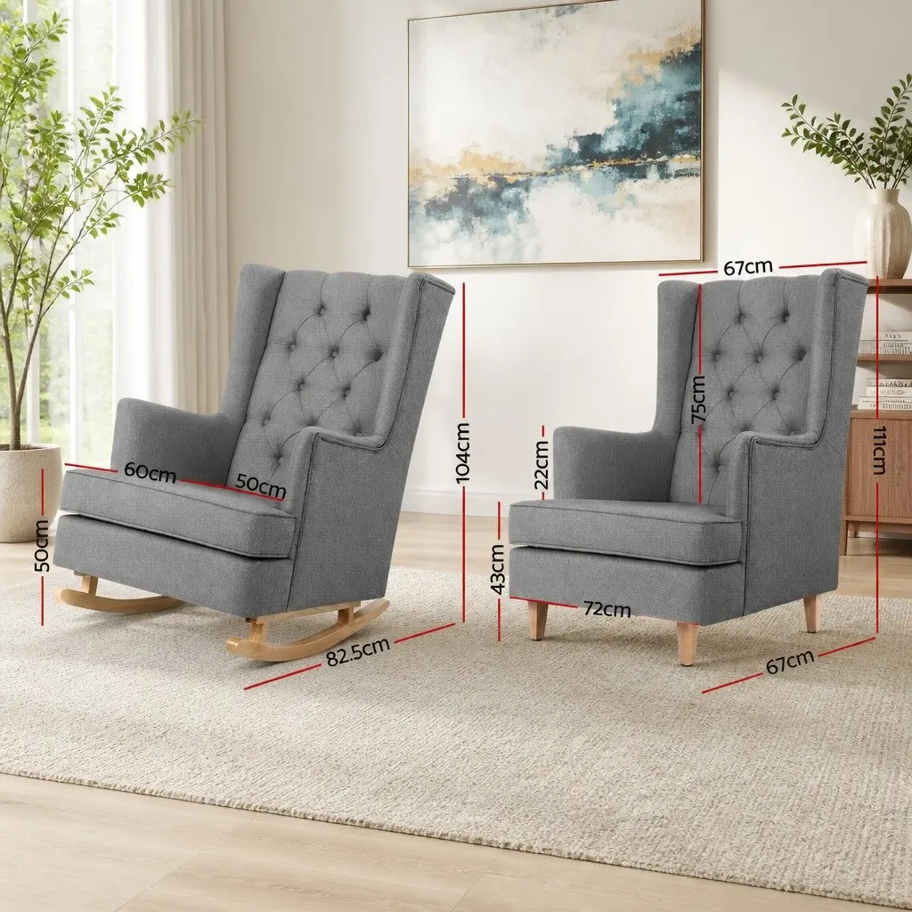 Armchair Convertible Rocking Chair Faux Linen Fabric Grey Wingback
