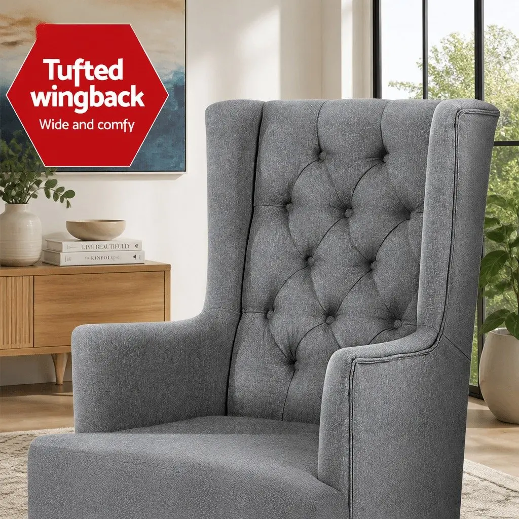 Armchair Convertible Rocking Chair Faux Linen Fabric Grey Wingback