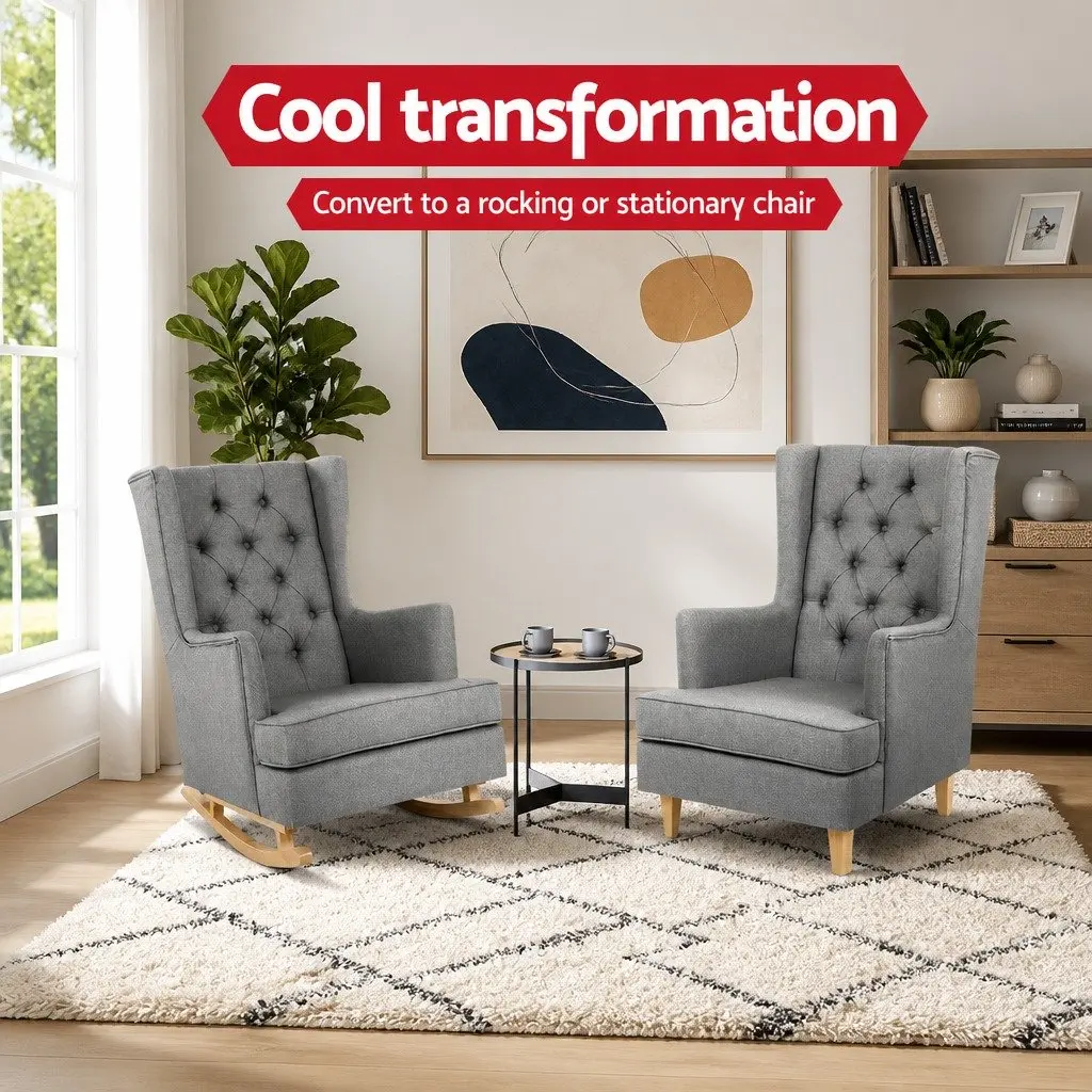 Armchair Convertible Rocking Chair Faux Linen Fabric Grey Wingback