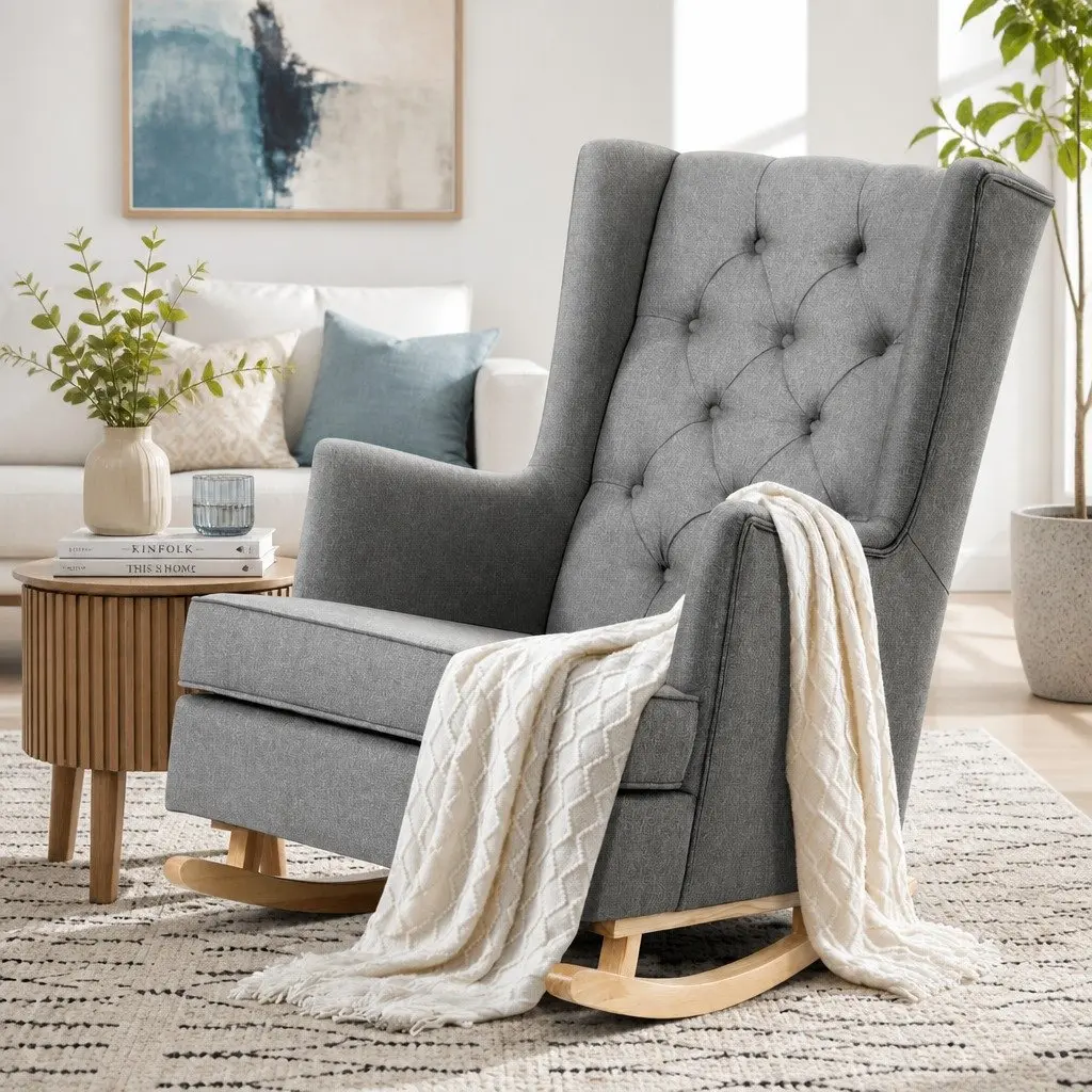 Armchair Convertible Rocking Chair Faux Linen Fabric Grey Wingback