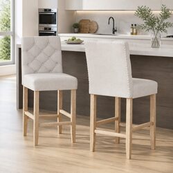 Bar Stools Linen Upholstered Chairs Set of 2 Tufted Button High Backrest