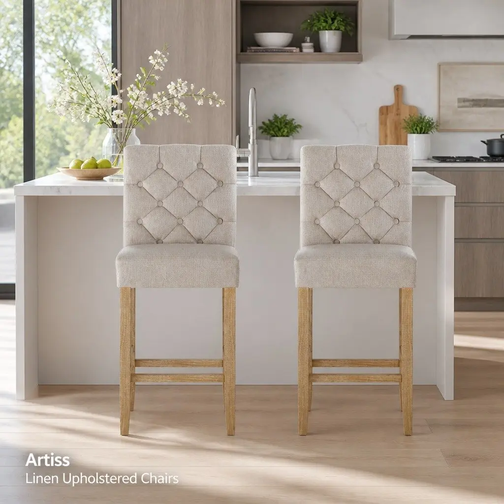 Bar Stools Linen Upholstered High Backrest Beige Tufted Button Set of 2